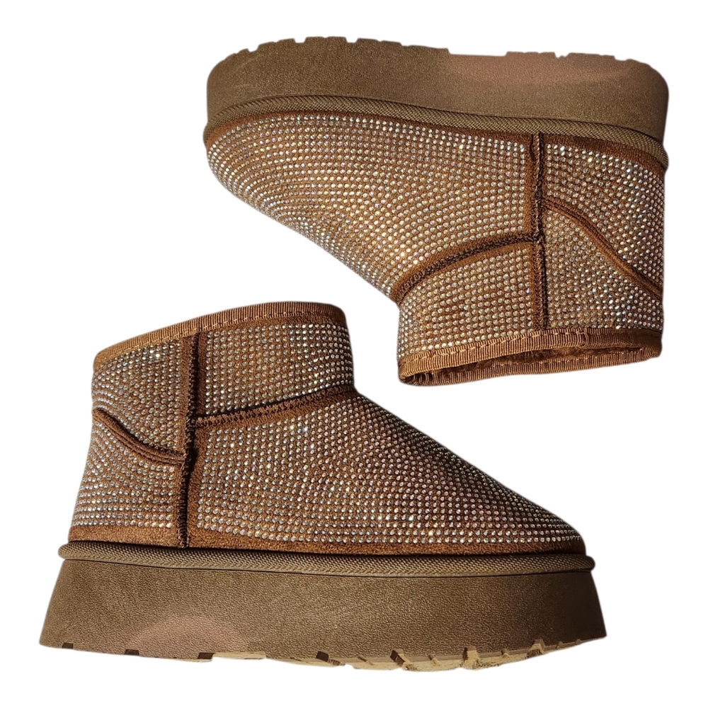 Yoki Rhinestone Womens Sz 6 Platform Bootie Camel/Taupe Faux Fur Lined Comfort